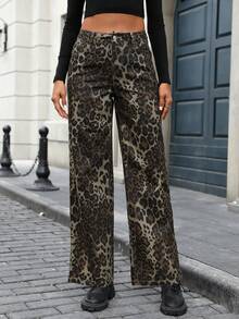 Mobula Sound Versatile Casual Fashionable Leopard Print Straight Leg Women's Jeans - Coffee Brown - View 8