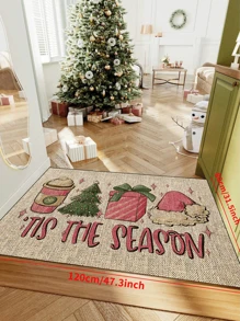 1pc 'Beige Base Pink Coffee Cup Christmas Tree Gift Box And Pink Hat Christmas' Doormat, Indoor Mat, Throw Rug, Creative Door Mat, Entryway Themed Mat, Home Decor, Non-Slip Floor Rug Mat, Bedroom Accessories, Photo Props, Outdoor Decor, Throw Rug, Area Rug, Gift