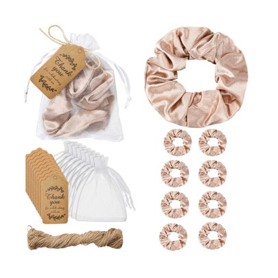 Set da 25 lacci per capelli beige con borsetta da regalo in organza, biglietto d'auguri, bomboniere matrimoniali, elastici fermatrecce, borsette trasparenti da damigella d'onore con etichette kraft e cartellini di ringraziamento, adatti per feste nuziali