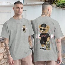 Casual Skater Bear T-Shirt Oversized Skate T Shirt HD Graphic Print Front And Back - 灰色 - 查看 2