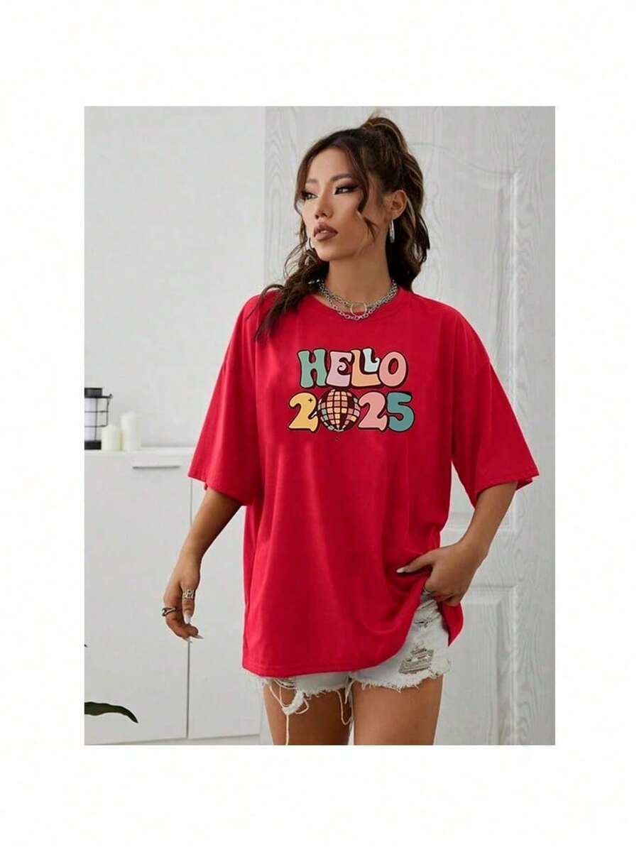 Unisex Hello 2025 New Year T-Shirt - Đỏ - Xem 1