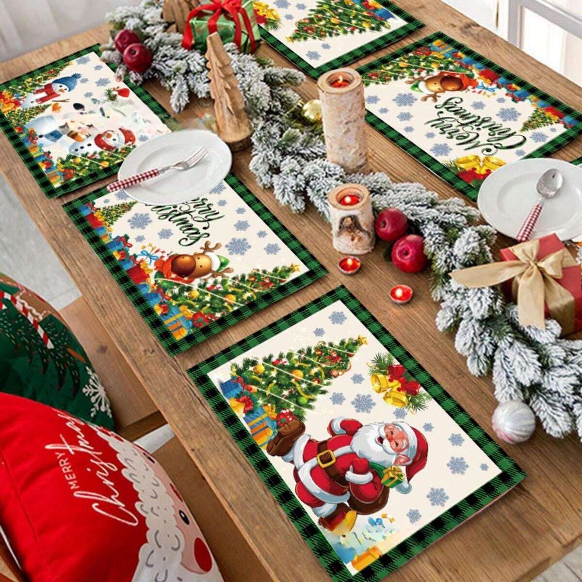 1pc New Christmas Placemat Decor Set, Santa Claus Linen Stain Resistant