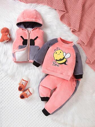 新生女婴 3 件套保暖厚毛绒蜜蜂刺绣拼布背心 + 运动衫 + 裤子套装，休闲装