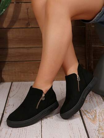 Fall/Winter Women Plus Size Ankle Boots And Short Boots, Beige Casual Flat Shoes, New Ladies Short Boots With Zipper, Wide Fit,Fur Boots