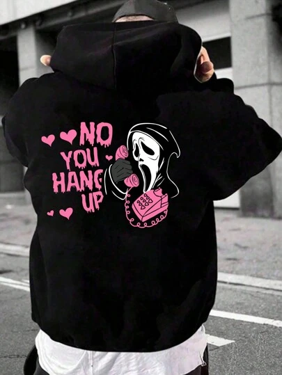 Plus Size Men Spooky Phone Heart Print Casual Graphic Hoodie Sweatshirt, For Fall Winter, Long Sleeve Top