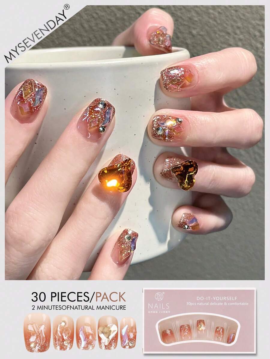 30片短款芭蕾形按压假指甲，糖果渐变闪亮甜美日韩风女士指甲贴片，指尖新时尚，配1片果冻胶和1片摩擦条，适合女性派对、舞会、日常休闲装，可拆卸可重复使用 - 彩色 - 查看 1
