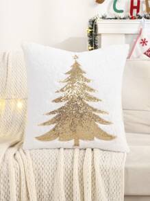 Miater 1pc Christmas Pillow Cover With Gold Sequin Embroidered Plush Christmas Tree Decor For Living Room & Bedroom - White - View 13