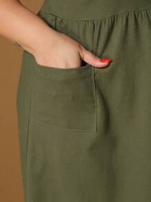 Short Plus Size Linen Dress With Button And Pocket New Model - Verde Oscuro - Ver 7