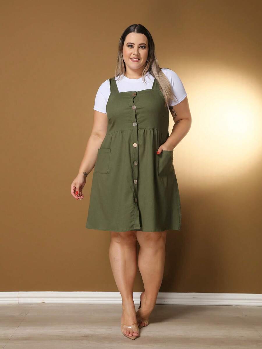 Short Plus Size Linen Dress With Button And Pocket New Model - Verde Oscuro - Ver 1