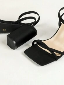 Giày cao gót mũi vuông, quai mắt cá chân, khóa đơn, đế thô, thời trang thanh lịch, thường ngày, giày cao gót cho nữ - màu đen - Xem 6