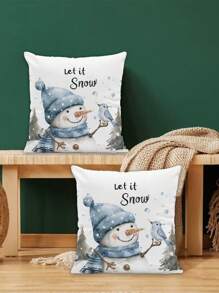 2pcs Christmas Winter Pillow Case Set - Watercolor Red Car, Christmas Tree, Blue Snowman, Watercolor Snowy House, Poinsettia, Winterberry Wreath, Versatile For Home Decor, Sofa, Bedroom, Living Room (No Pillow Insert)