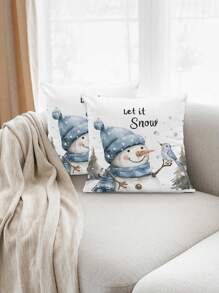 2pcs Christmas Winter Pillow Case Set - Watercolor Red Car, Christmas Tree, Blue Snowman, Watercolor Snowy House, Poinsettia, Winterberry Wreath, Versatile For Home Decor, Sofa, Bedroom, Living Room (No Pillow Insert)