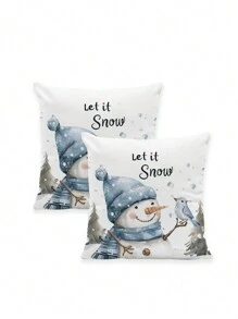2pcs Christmas Winter Pillow Case Set - Watercolor Red Car, Christmas Tree, Blue Snowman, Watercolor Snowy House, Poinsettia, Winterberry Wreath, Versatile For Home Decor, Sofa, Bedroom, Living Room (No Pillow Insert)