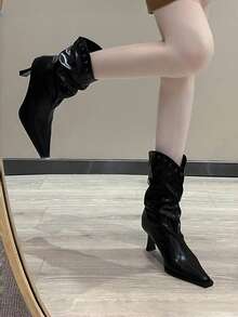 女士高跟尖头黑色法式短靴，新款秋冬铆钉长靴，细跟叠跟白色细跟踝靴 - 黑色 - 查看 2