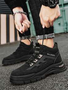 男士踝靴 - 时尚街头风格，纯色，系带闭合，保暖羊毛衬里冬季登山靴，PU 鞋面，织物衬里，PVC 鞋底，圆头，适合徒步旅行和休闲穿着 - 秋冬系列 - 黑色 - 查看 3