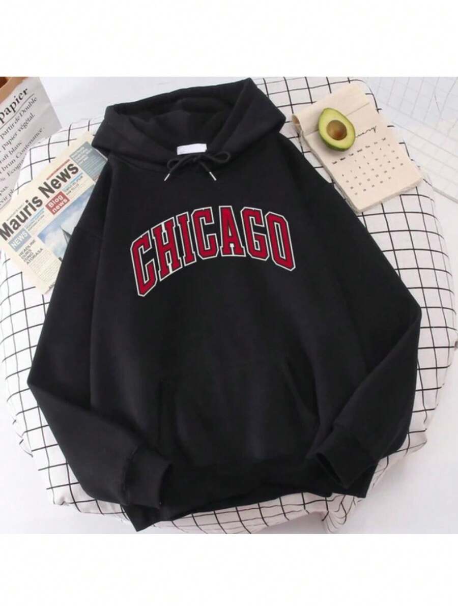 Chicago American City Kangaroo Sweatshirt Custom Flannel Cotton Hoodie With Pocket Various Colors - 黑色 - 查看 1