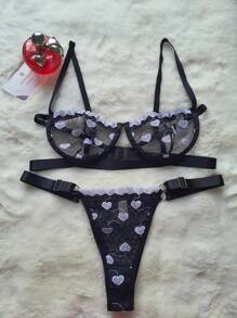 Lingerie Set With Underwire Bra And Panties GRINGA INTIMATE FASHION TULLE EMBROIDERED HEART - 黑與白 - 查看 1