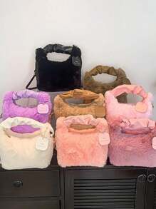 女士可爱毛绒斜挎包，蓬松顶部提手包，单肩包，时尚美观的吊带钱包，毛绒包，褶皱云朵毛绒包，仿皮草女包，手提包，可爱小众毛绒，新款秋冬女包，最佳秋季钱包，新款女士皮草包