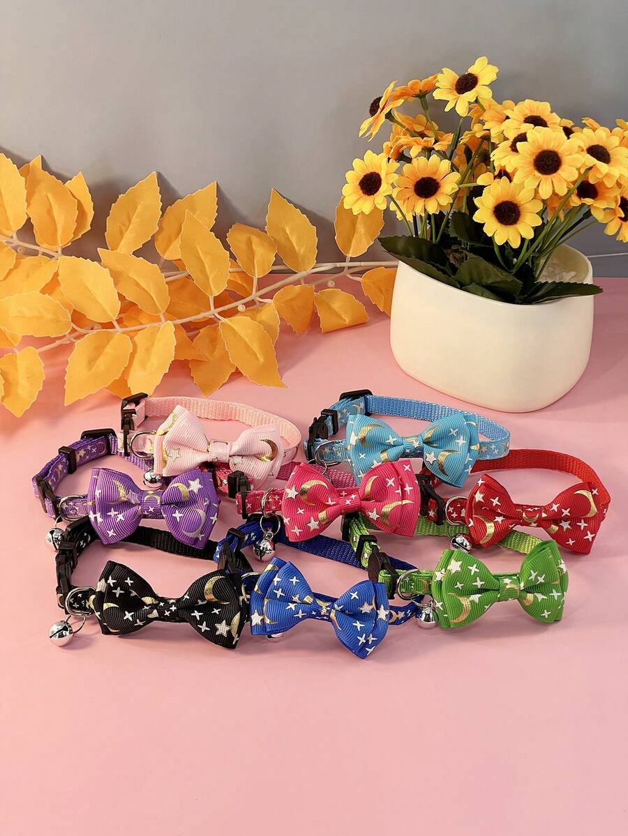 Pet Supplies Adjustable Cat Collar With Bow Tie, Bell, Gold Foil Stars