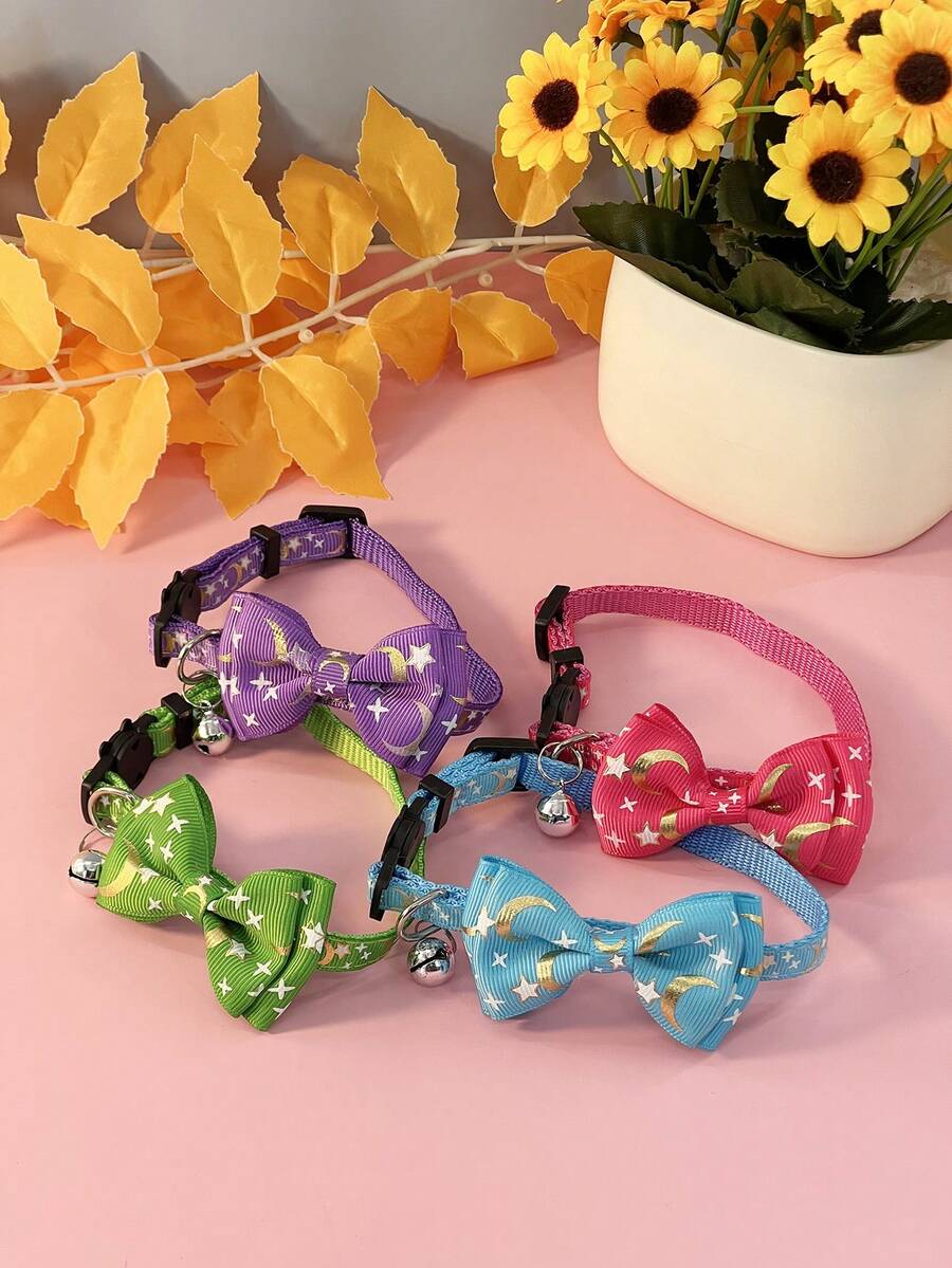 Pet Supplies Adjustable Cat Collar With Bow Tie, Bell, Gold Foil Stars