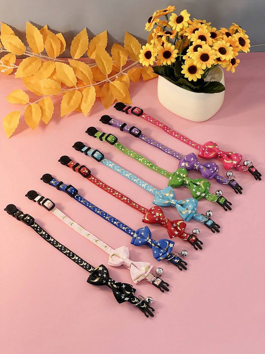 Pet Supplies Adjustable Cat Collar With Bow Tie, Bell, Gold Foil Stars