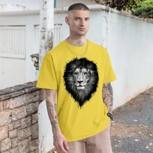 Lion King Cross T-Shirt Casual Lion T Shirt Round Neck 100% Cotton Streetwear - 黃色 - 查看 1