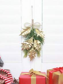 1 件/10 件人造圣诞松针和蝴蝶结装饰，家庭前门、客厅、窗户、办公室墙壁挂饰，圣诞餐厅和活动氛围装饰 - 金綠色 - 查看 8