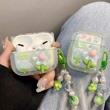夏季花朵图案防震保护壳，兼容 Airpods 蓝牙耳机壳，防刮擦防摔 - ins小清新綠色花朵 - 查看 1