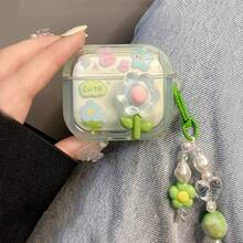 夏季花朵图案防震保护壳，兼容 Airpods 蓝牙耳机壳，防刮擦防摔 - ins小清新綠色花朵 - 查看 2