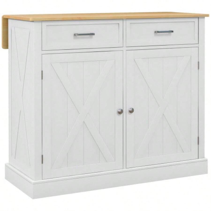 Rolling Kitchen Island With Deciduous Wood Breakfast Bar, Farmhouse