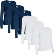 Set Of 6 Women's Long Sleeve Second Skin Viscolycra V-Neck Blouses - 3Trắng,3Hải quân - Xem 1