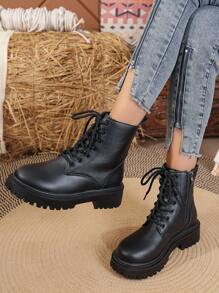1 Pair Women's Lace-Up Front Zipper Side Mid-Calf Snow Boots, Black, Versatile, Platform 3cm Thick Sole, Waterproof