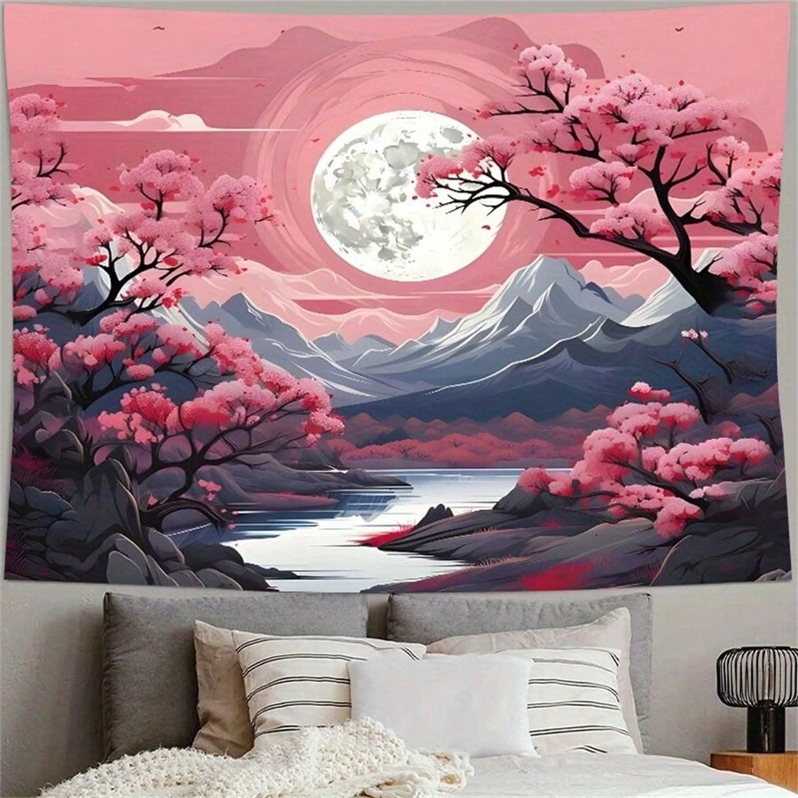 山月挂毯粉色樱花 78X59 英寸 90 克 房间装饰壁挂 涤纶樱花挂毯 适用于客厅卧室宿舍装饰 送给朋友男朋友女朋友的礼物 包含免费安装包 - 彩色 - 查看 1