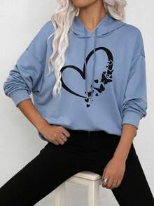 Damen Coole Baumwoll-Sweatshirt, schwarzer Schmetterling Flugherz Grafik-Muster, locker warmer Hoodie mit Kordelzug für Herbst und Kälte - graublau - Übersicht 2