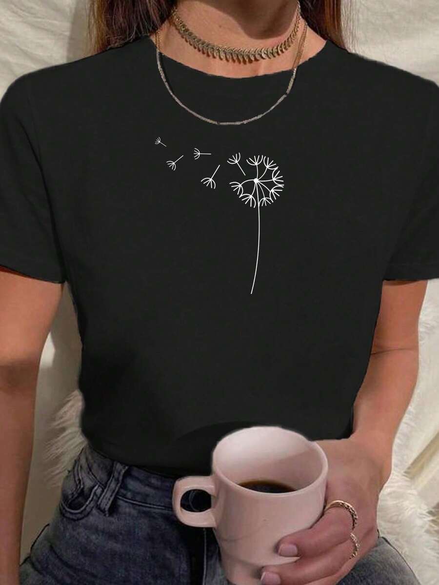 Women's T-Shirt With Dandelion Flower Print - 黑色 - 查看 1