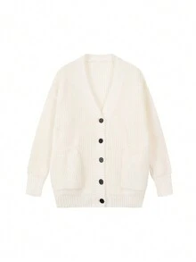 女士休闲纯色纽扣双口袋开衫，秋冬