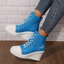 Giày vải canvas cổ cao cỡ lớn mới 2024 dành cho nữ, đế cao su đế xuồng dày, giày thể thao thường ngày - Màu xanh lam - Xem 1