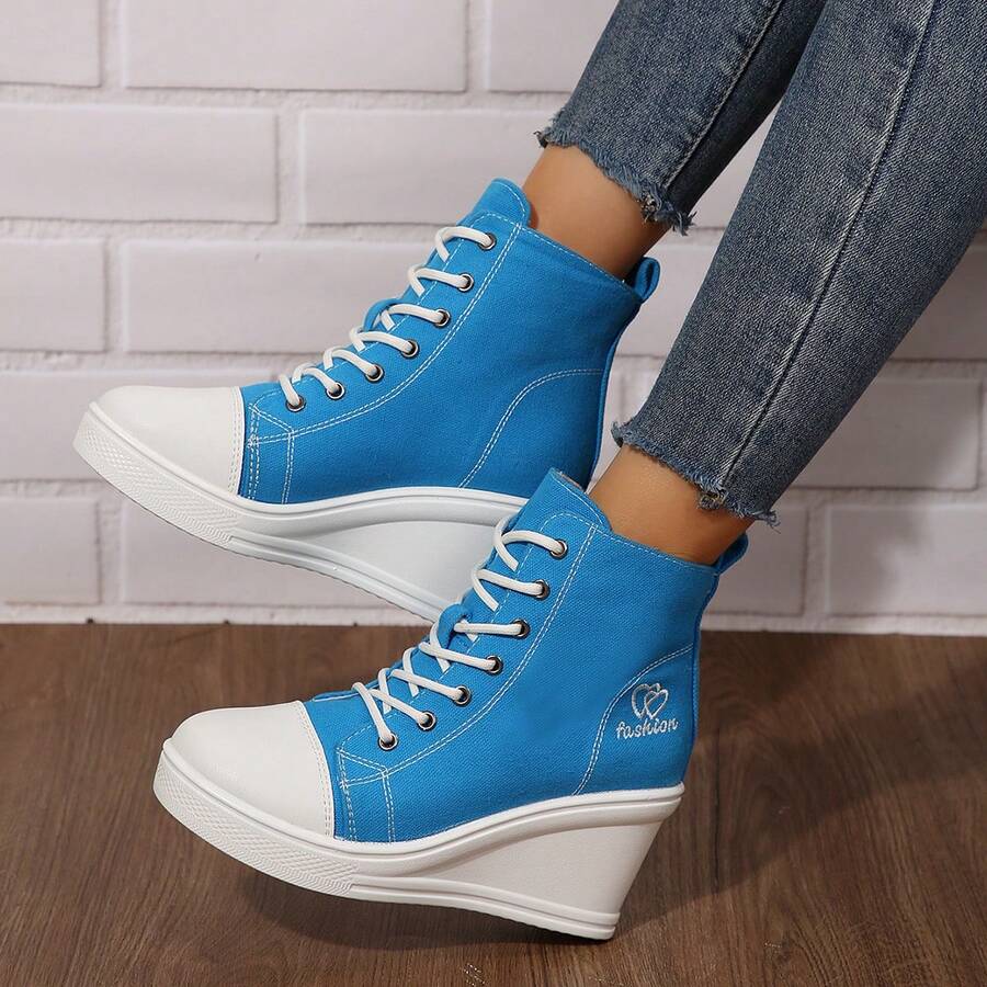 Giày vải canvas cổ cao cỡ lớn mới 2024 dành cho nữ, đế cao su đế xuồng dày, giày thể thao thường ngày - Màu xanh lam - Xem 1