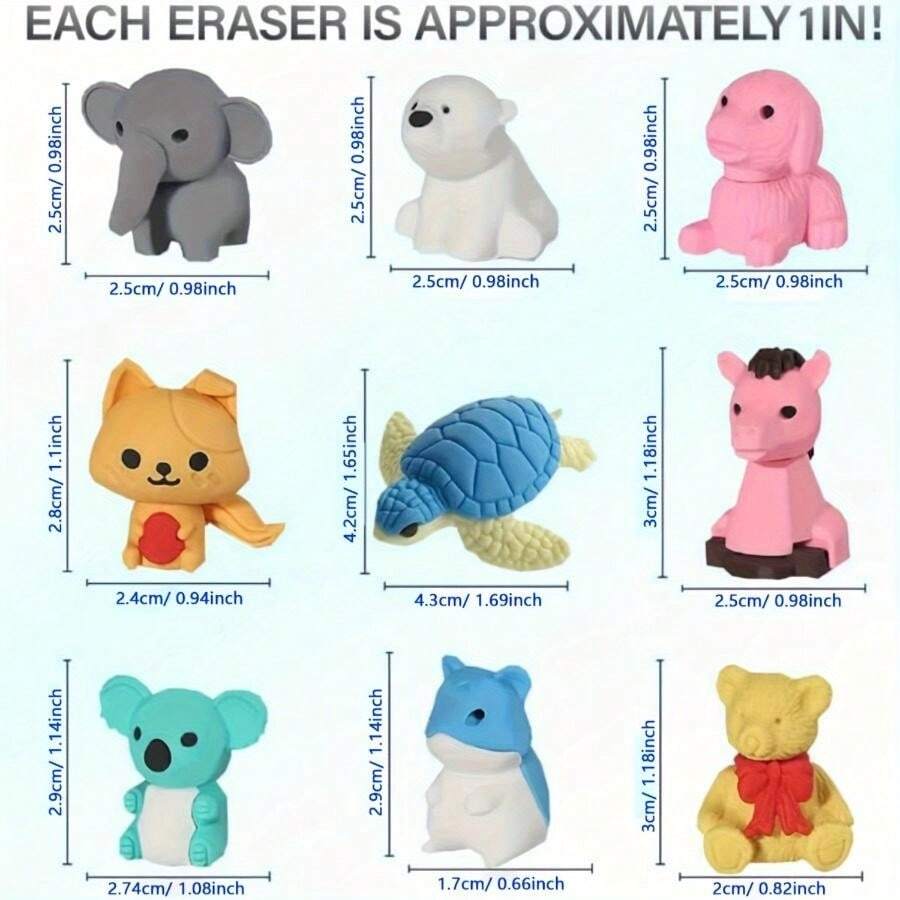 15pcs Assorted Cute Animal Erasers, Wholesale For Students, School