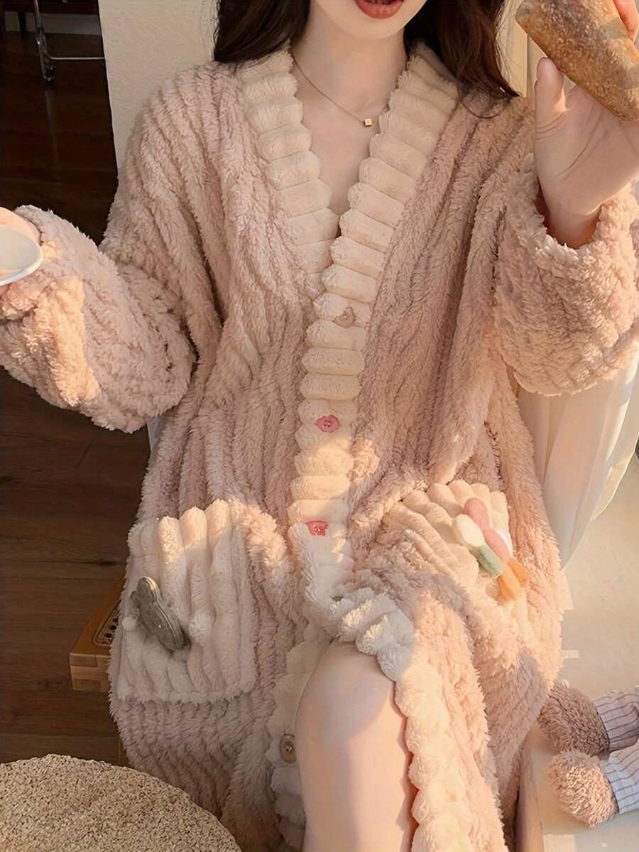 1pc Women Coral Fleece Robe, Loose Warm Thicker Long Style Cardigan