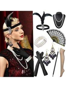 8 件 1920 年代 Flyby Gatsby 配饰套装，时尚咆哮的 1920 年代头饰，珍珠项链，手镯，耳环，手套，女士配饰万圣节装饰舞会