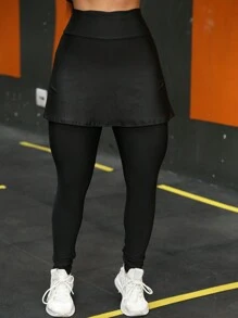 High Waist Gym Leggings With Skirt - màu đen - Xem 2