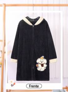 Pijama Invierno para Mujer, Pijamas Polar con Manga Larga, Pijama Grueso con Capucha, Diseño de Bordado con Apliques - Negro - Ver 10