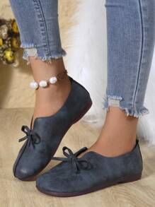 女士休闲纯色软底圆头芭蕾平底鞋，蝴蝶结装饰时尚一脚蹬乐福鞋 - 藏蓝色 - 查看 5