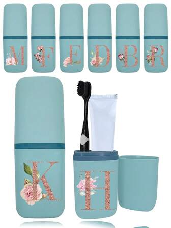 旅行牙刷盒收纳盒，可拆卸漱口杯，便携式牙膏容器，清洁梳，剃须刀收纳盒，旅行配件，适合商务出行、户外活动、节日礼物、返校必备，可定制26个字母的姓名首字母图案