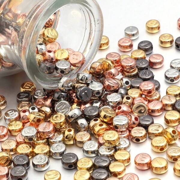 100 piezas de 4x7mm Cuentas de letra de acrílico doradas y plateadas, cuentas de alfabeto de acrílico sueltas como espaciadores para hacer joyas, pulseras, collares y accesorios DIY