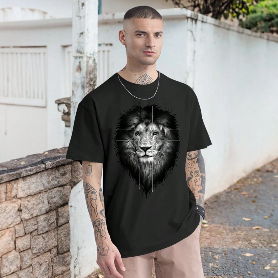 Lion King Cross T-Shirt Casual Lion T Shirt Round Neck 100% Cotton Streetwear - 黑色 - 查看 1
