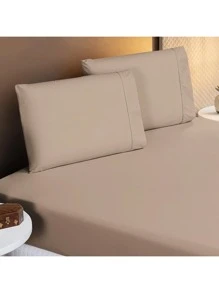 3-Piece Sheet Set 400 Thread Count Percale Stitch Queen Size Bed Sheet Set - 米色 - 查看 2