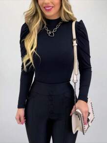 LONG SLEEVE PRINCESS Women's Blouse With Long Princess Sleeves, High Neck, Ribbed Knit - màu đen - Xem 2