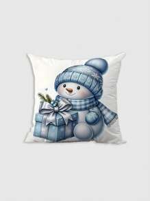4 Pcs/1 Pc Unique And Creative Cute Blue Snowman In A Festive Christmas Atmosphere, Cute And Responsible. Super Soft Short Plush Pillowcase, Sofa, Bedroom, Living Room, Home Decoration, Backrest Cover - Multicolor - View 4